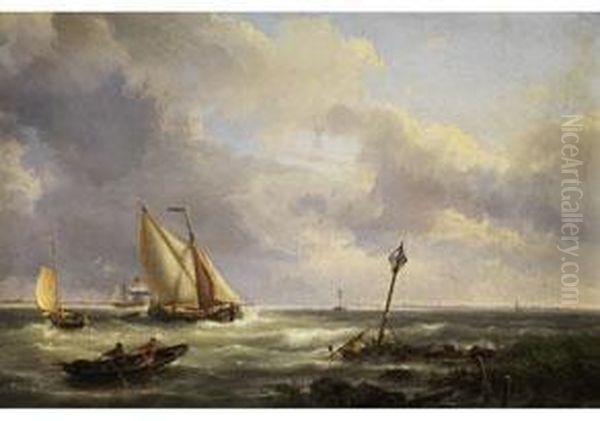 Segelschiffe Auf Bewegten Wogen Am Ufer Oil Painting by Hermanus Koekkoek