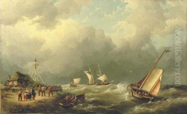 Sailing Vessels On A Choppy Sea Oil Painting by Hermanus Koekkoek