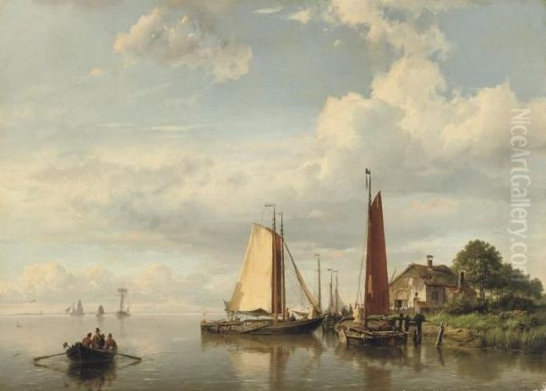 Sailing Vessels Moored Near A Farm Oil Painting by Hermanus Koekkoek