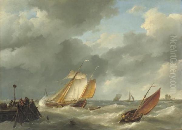 Shipping On A Choppy Sea Oil Painting by Hermanus Koekkoek