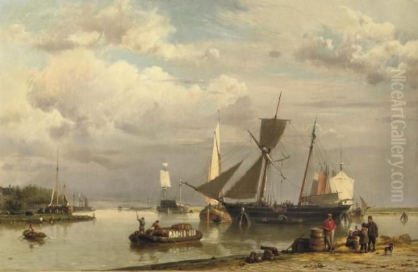 Near Groningen: Loading The Two-master On A Calm Day Oil Painting by Hermanus Koekkoek