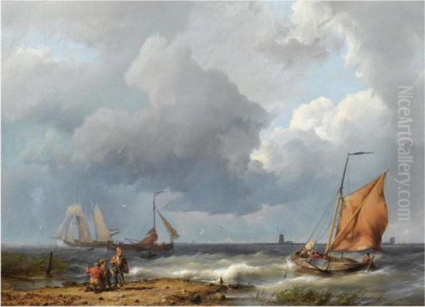 Shipping Off The Coast In Stormy Weather Oil Painting by Hermanus Koekkoek