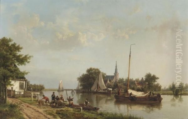 A Village Along A Calm River In Summer Oil Painting by Hermanus Koekkoek