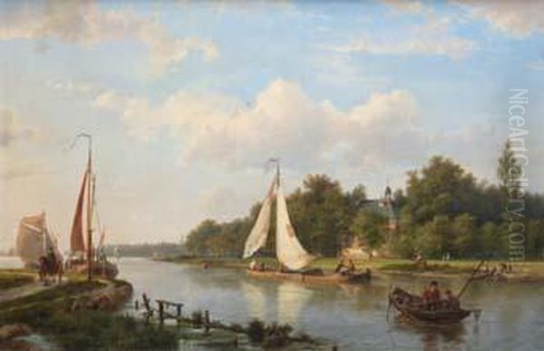 Koekkoek, Snr. , River Scene With Fishermen Oil Painting by Hermanus Koekkoek