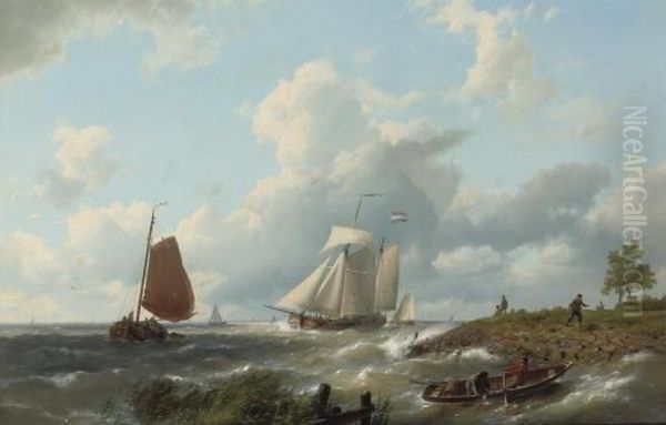 A Strong Breeze Over A Busy Waterway Oil Painting by Hermanus Koekkoek