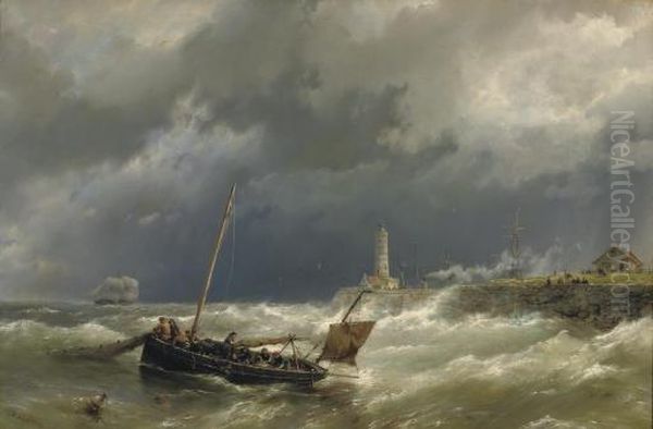 Gathering The Nets On A Stormy Sea Oil Painting by Hermanus Koekkoek