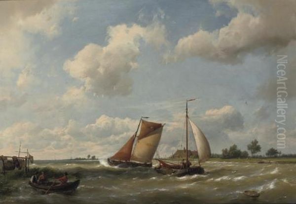 Barges On Choppy Water Oil Painting by Hermanus Koekkoek