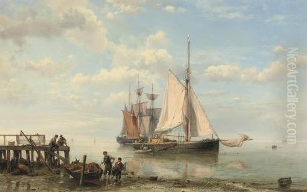 Sailing-vessels By A Coast On A Calm Sea Oil Painting by Hermanus Koekkoek