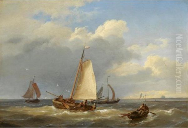 Fishermen Hauling In The Nets Oil Painting by Hermanus Koekkoek