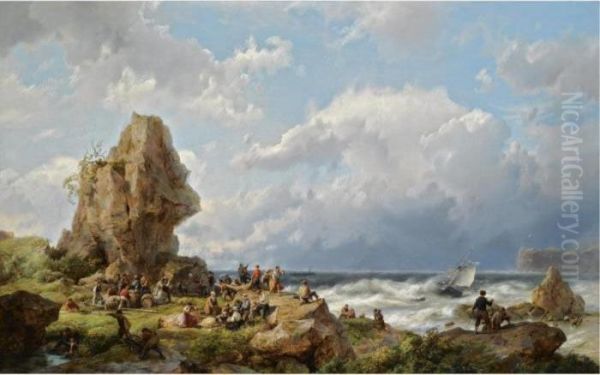 Many Shipwrecked Figures On A Rocky Coast Oil Painting by Hermanus Koekkoek