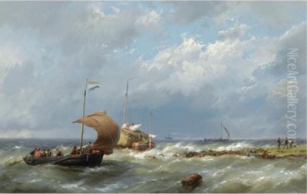 Shipping In Stormy Weather Oil Painting by Hermanus Koekkoek