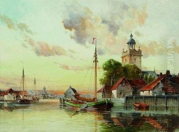 Blick Auf Eine Hollandische Hafenstadt Oil Painting by Hermanus Koekkoek