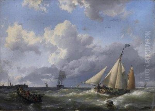 Coastal Fishermen In Front Of The Mole In A Stormy Sea. Oil Painting by Hermanus Koekkoek