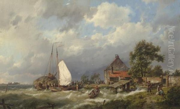 Boats Docking In An Estuary Oil Painting by Hermanus Koekkoek