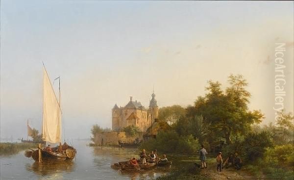 Fishing Near A Castle Oil Painting by Hermanus Koekkoek