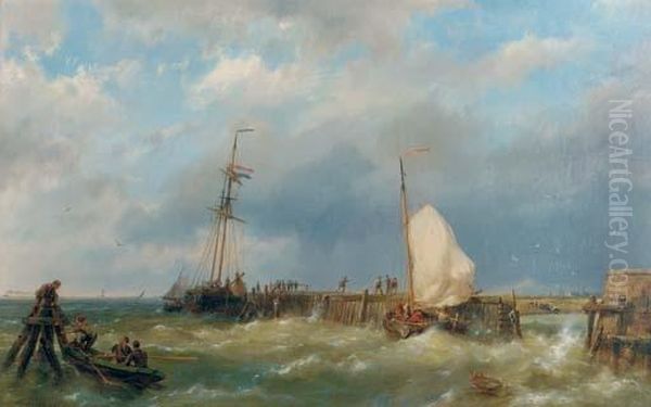 By A Jetty In Stormy Waters Oil Painting by Hermanus Koekkoek