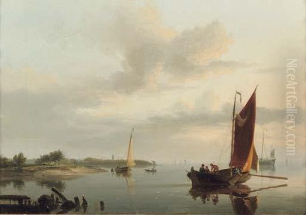 Shipping On A Calm Oil Painting by Hermanus Koekkoek