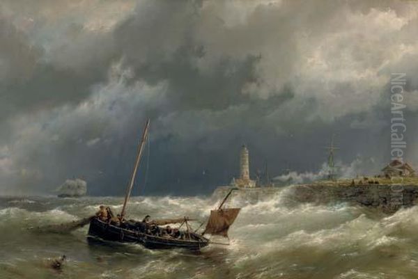 Gathering The Nets On A Stormy Sea Oil Painting by Hermanus Koekkoek