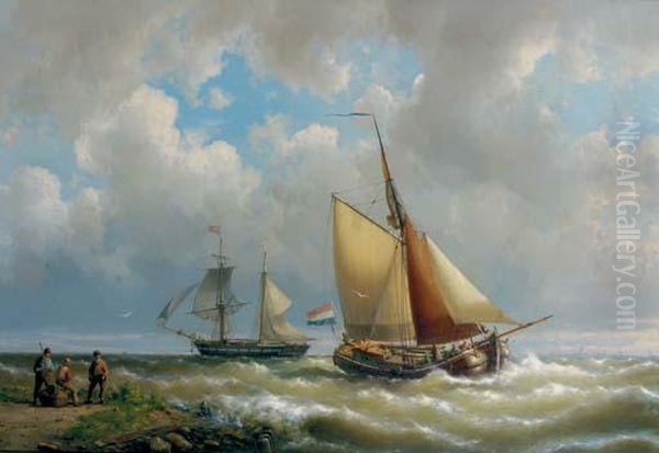 Sailing Along A Coast, A Two-master In The Distance Oil Painting by Hermanus Koekkoek