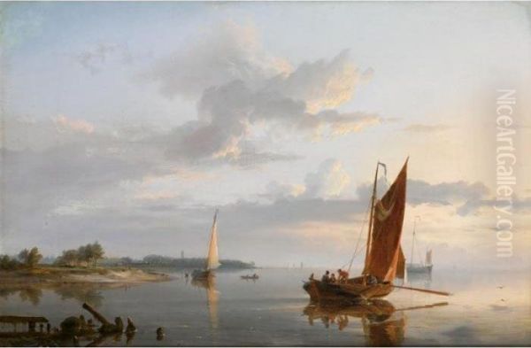 Shipping In A Calm Oil Painting by Hermanus Koekkoek