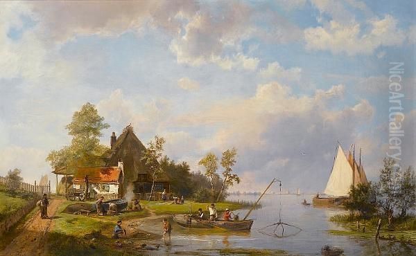 River Scene With Fishermen Oil Painting by Hermanus Koekkoek