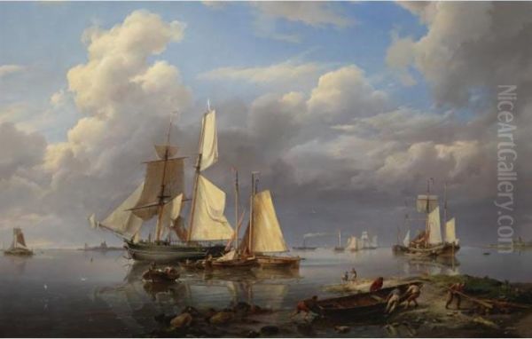 Shipping Estuary: Hauling In The Boats At Day's End Oil Painting by Hermanus Koekkoek