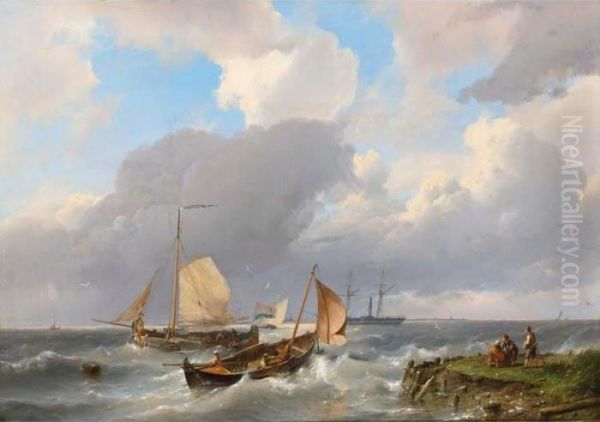 Shipping Off The Coast Oil Painting by Hermanus Koekkoek