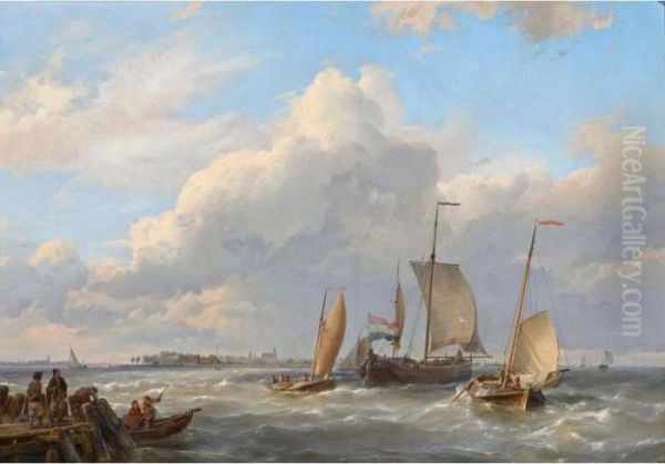 Shipping Off The Dutch Coast Oil Painting by Hermanus Koekkoek