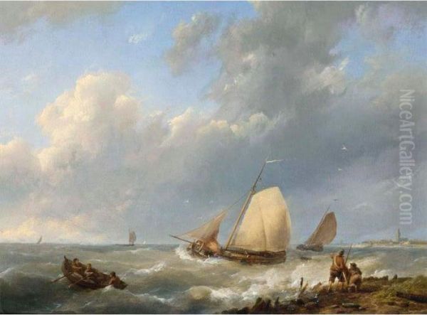 Shipping Off The Coast Oil Painting by Hermanus Koekkoek