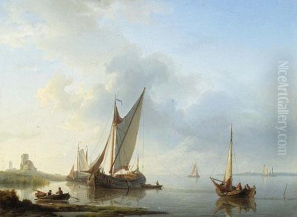 Segelschiffe In Einer Bucht. 1840. Oil Painting by Hermanus Koekkoek