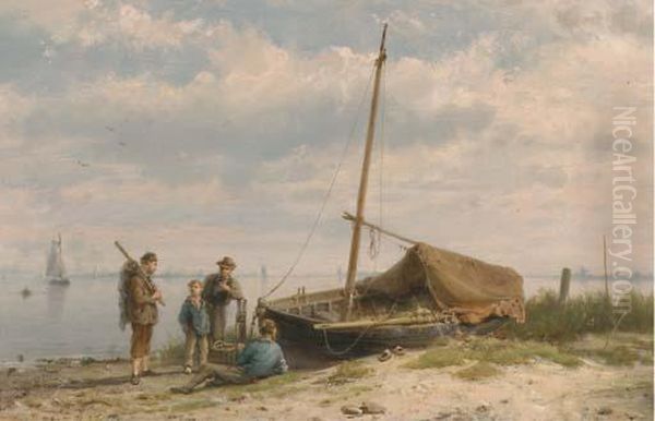 Fishermen Along A Shoreline Oil Painting by Hermanus Koekkoek