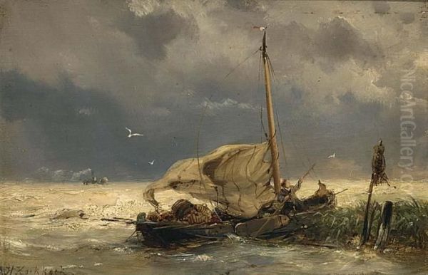 Shipping In Stormy Weather Oil Painting by Hermanus Koekkoek