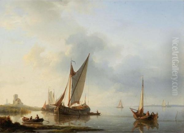 Shipping In An Estuary Oil Painting by Hermanus Koekkoek