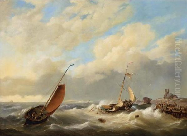 A Sailing Boat In Distress Oil Painting by Hermanus Koekkoek