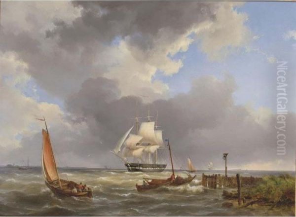 Shipping Off The Coast Oil Painting by Hermanus Koekkoek