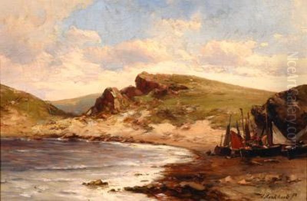 Rocky Coastal Inlet With Beached Boats Oil Painting by Hermanus Koekkoek