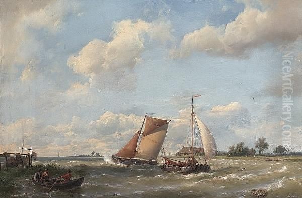 Dutch Barges Off A Coast With Fishermen In A Rowing Boat Oil Painting by Hermanus Koekkoek