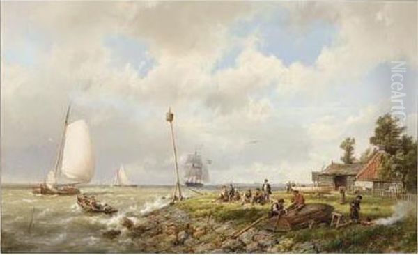 A Coastal Scene With Figures Repairing A Boat Oil Painting by Hermanus Koekkoek