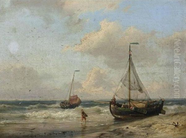 Fishing Boats At Low Tide Oil Painting by Hermanus Koekkoek