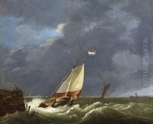 Seegelboote Auf Sturmisch Bewegter
 See. Oil Painting by Hermanus Koekkoek