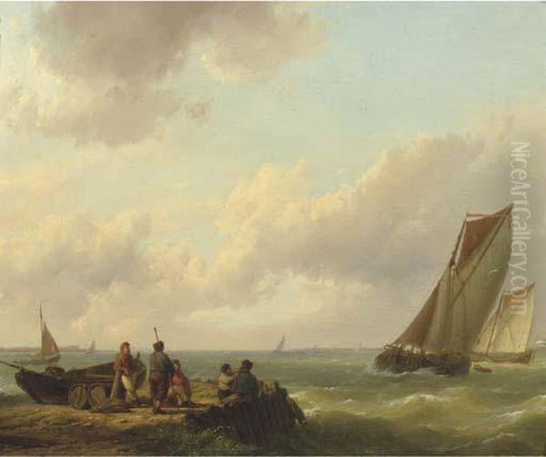 Fishermen On A Jetty With Sailingvessels Approaching Oil Painting by Hermanus Koekkoek