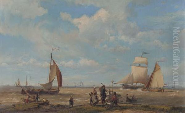 Shipping In A Breeze With Figures In The Foreground Oil Painting by Hermanus Koekkoek