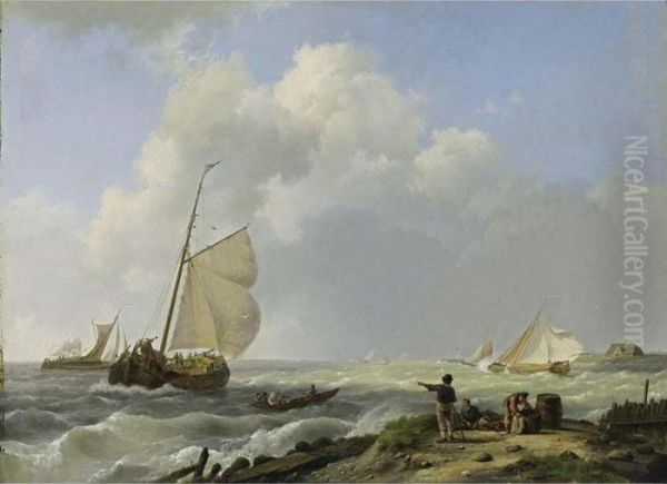 Sailing Vessels In Choppy Waters Oil Painting by Hermanus Koekkoek