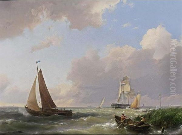 Sailing Vessels Off The Dutch Coast Oil Painting by Hermanus Koekkoek