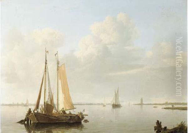 A Calm: Fishing Vessels At Anchor In A River Estuary Oil Painting by Hermanus Koekkoek