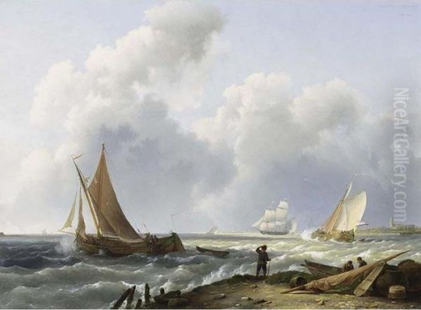 Sailing Vessels Off The Dutch Coast Oil Painting by Hermanus Koekkoek