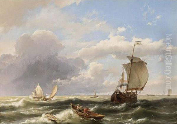 Sailing Vessels Off The Dutch Coast Oil Painting by Hermanus Koekkoek