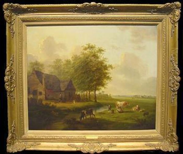 Dutch Farm Oil Painting by Hermanus Koekkoek