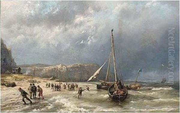 Bringing In The Boats Oil Painting by Hermanus Koekkoek