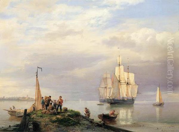 A Calm; A River Estuary With 
Twomasters At Anchor, Fisherman On A Jetty In The Foreground Oil Painting by Hermanus Koekkoek